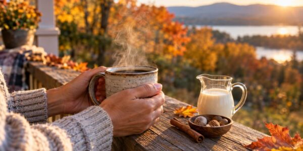 Black coffee with a small pitcher of cream and cinnamon on a sunny porch, a simple swap for non-dairy creamer calories