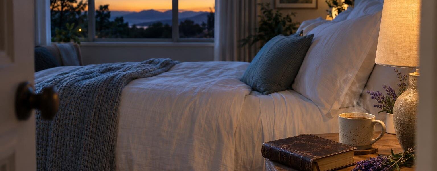 Calm bedroom at dusk with white linens, herbal tea and a Bible on the nightstand, a peaceful setting for REM sleep benefits