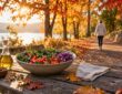 Sunlit autumn trail with vegetables and olive oil on a table, a reminder that silent atherosclerosis calls for daily care