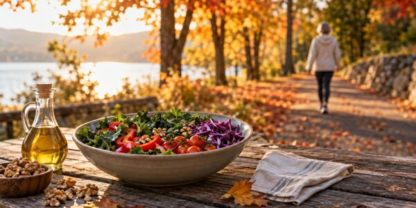 Sunlit autumn trail with vegetables and olive oil on a table, a reminder that silent atherosclerosis calls for daily care