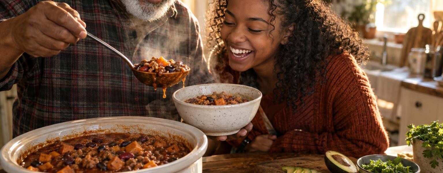 Grandfather and granddaughter laughing while serving turkey sweet potato chili from a slow cooker in a cozy kitchen