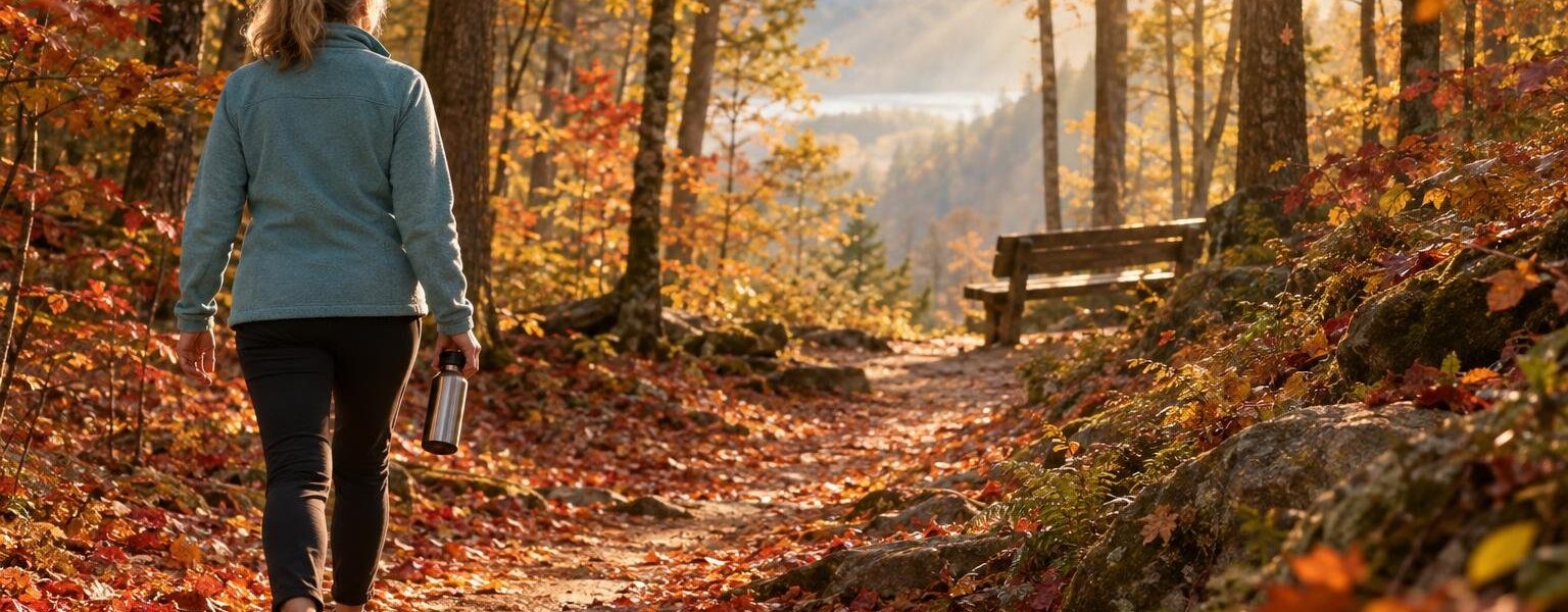 Person walking an autumn park trail at golden hour, a simple way to add steps a day for brain health and a clearer mind