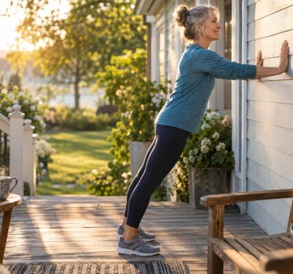 Person doing a wall push-up on a sunny back porch beside a sturdy chair and band, simple strength training for seniors